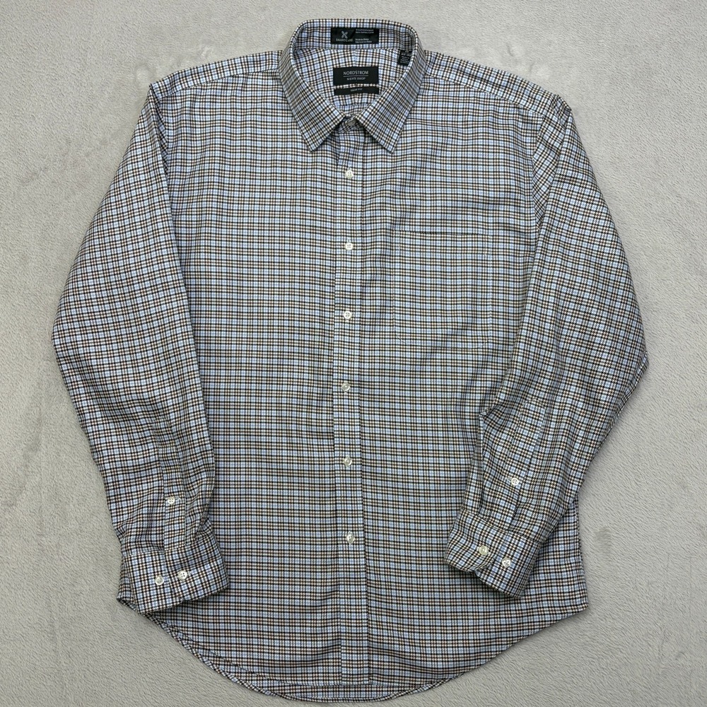 Nordstrom Trim Fit Houndstooth Plaid Cotton Flannel Shirt 16 32-33 smartcare
